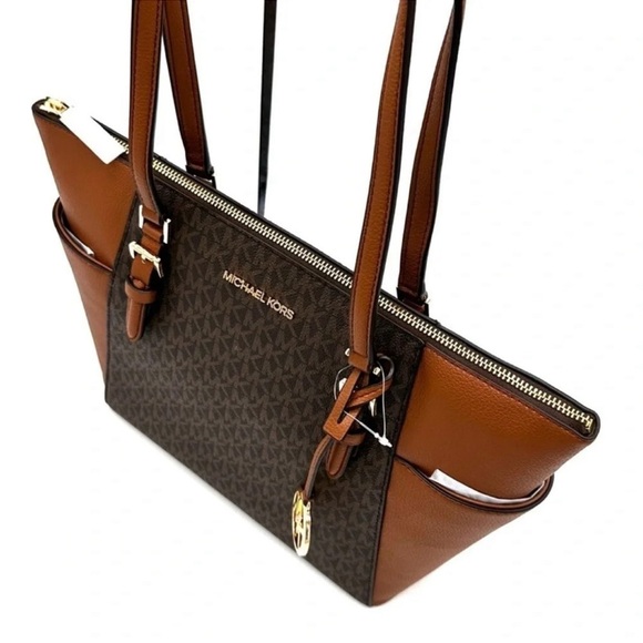 Michael Kors Large Charlotte Tote Bag Luggage Leather Brown - Picture 7 of 12